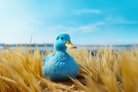 An AI generated illustration of a blue duck sits in a field of tall green grass with a tranquil blue sea stretching out behind itの素材