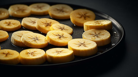 The banana slices elegantly arranged on a sleek black plate, AI-generated.の素材