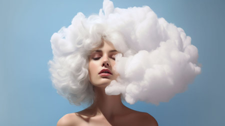An AI generated illustration of a female model against a blue background wearing a white, fluffy wig with a cloudy textureの素材