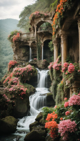 An AI generated illustration of A lush garden setting featuring a cascading waterfall surrounded by vibrant blooms and stone pillarsの素材