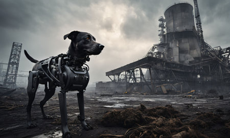 An AI-generated illustration of a metallic canine standing in an outdoor environmentの素材