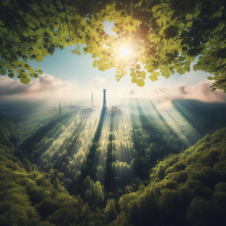 An AI-generated illustration of a beautiful horizon featuring vibrant trees and lush green plants silhouetted against a radiant sunの素材