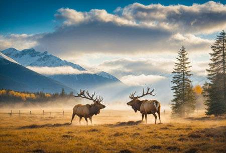 An AI generated illustration of a herd of elk grazing in a fieldの素材