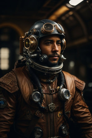 An AI generated illustration of A Caucasian male wearing a white astronaut suit and helmet, with protective goggles in his handsの素材