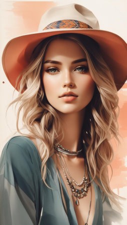 An AI illustration of An AI illustration of A young female with long, dark hair wearing a stylish hat and several trendy necklaces, looking off into tの素材