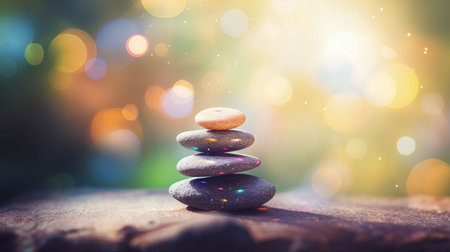 An AI generated illustration of a stack of pebbles against a bokeh backgroundの素材