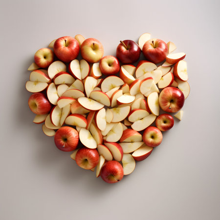 An AI generated illustration of An arrangement of fresh apples in the shape of a heart on a wooden table topの素材