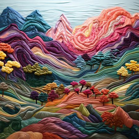 An AI generated illustration of a bright and vibrant felt natural landscape artworkの素材