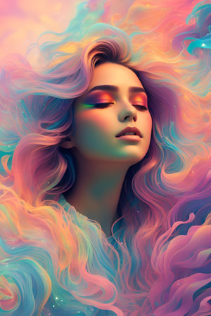 An AI illustration of An AI illustration of A young woman with vibrant dyed hair and vivid makeup on her face stands in an artistic poseの素材