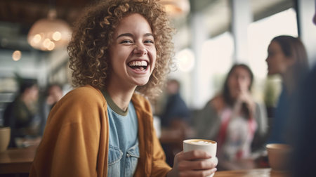 An AI-generated illustration of A cheerful young woman laughing while sipping a cup of hot coffeeの素材