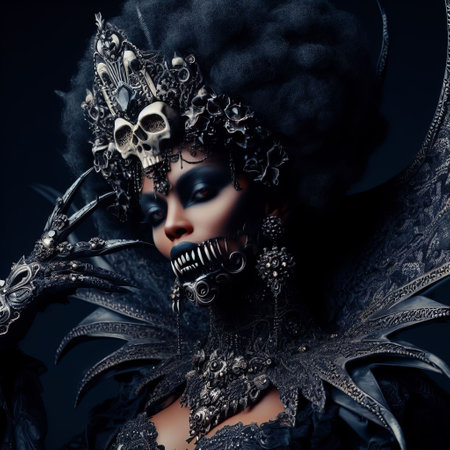 An AI generated illustration of a female in a black costume with gothic makeup with a skull decorationの素材