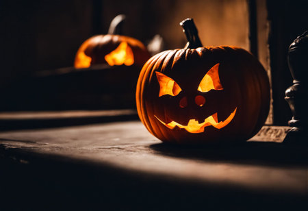 An AI generated illustration of Two orange jack-o-lanterns illuminated by natural light from a nearby window, set on a wooden tableの素材