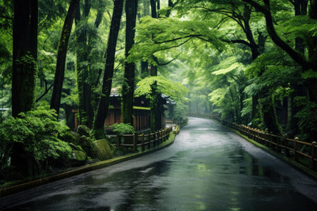 An AI generated illustration of a rain-soaked road winding through a wooded area, surrounded by a canopy of lush green leavesの素材