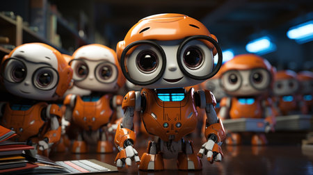 An AI-generated illustration of An array of robotic figures, painted in bright orange and blackの素材