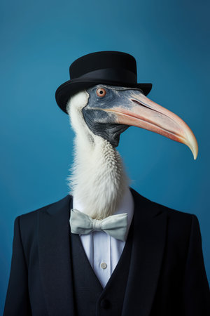 An AI generated illustration of A charming bird dressed in a smart suit and top hat stands out from the crowd with its unique beakの素材