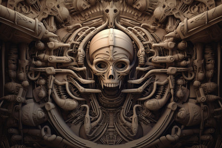 An AI generated illustration of an intricate labyrinth with an alien figure in the center in grayscaleの素材