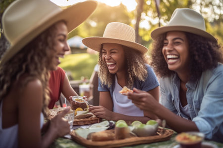 An AI-generated illustration of female friends enjoying an outdoor picnic lunch in a park on a sunny dayの素材
