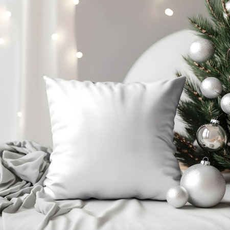 An AI generated illustration of a plain blank white pillow on a cozy festive backgroundの素材