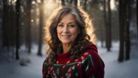 A middle-aged woman wearing a Christmas sweater standing in a snowy landscape, AI-generated.の素材
