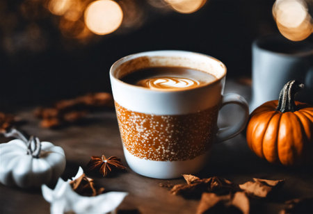 An AI generated illustration of Halloween themed pumpkin spiced coffee setting with mug and moody decorの素材