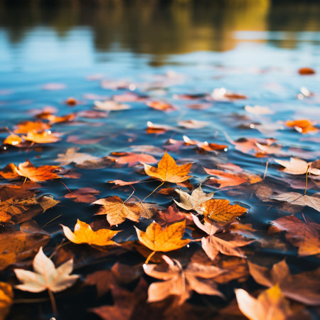 An AI generated illustration of a lake during autumn with leaves floating on the surface of the waterの素材