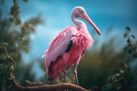 An AI generated illustration of a beautiful pink bird perched on an old tree branchの素材
