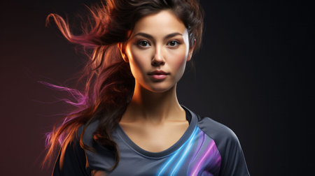 An AI generated illustration of a female soccer player on a black backgroundの素材