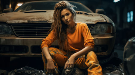 An AI generated illustration of a female mechanic in front of an automobile parked on the groundの素材