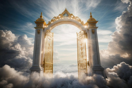 An AI generated illustration of An image of a wooden gate open to the sky on a cloudy day, inviting visitors to explore the landscape beyondの素材