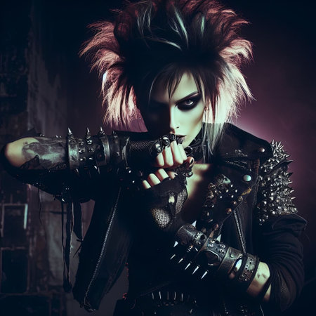An AI generated illustration of a woman with an edgy punk rock style, wearing black eyelinerの素材