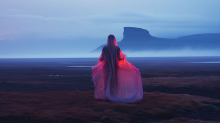An AI generated illustration of A young woman wearing a white dress stands in a picturesque field near a tranquil body of waterの素材