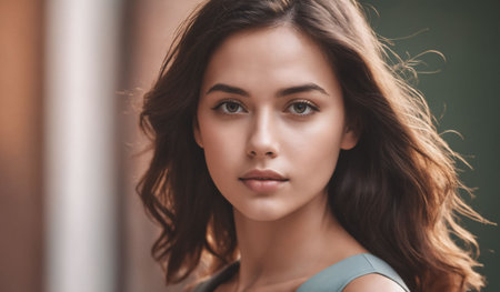 An AI generated illustration of a young female with brown hair staring directly into the camera lensの素材