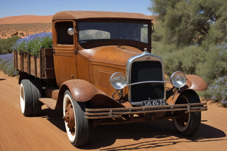 A vintage pickup truck parked on a dusty, unpaved road, AI-generated.の素材