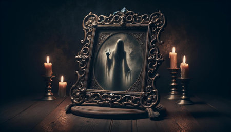 An AI illustration of An ornate golden frame with two burning candles beside it illuminated by a warm lightの素材