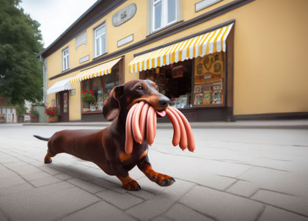 An AI illustration of a small brown dachshund running with stolen sausages.の素材