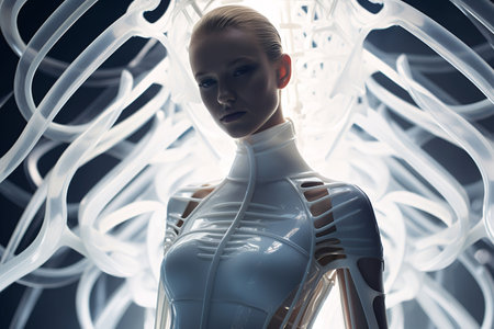 An AI generated illustration of A young woman in a white, sparkling outfit is posing for the cameraの素材