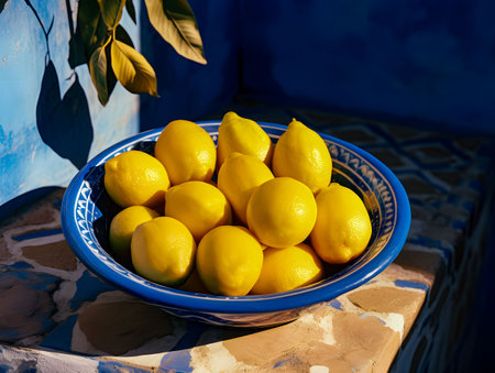 An AI illustration of A white ceramic bowl containing a selection of yellow lemons is placed on a wooden table, showcasing its vibrant colorsの素材