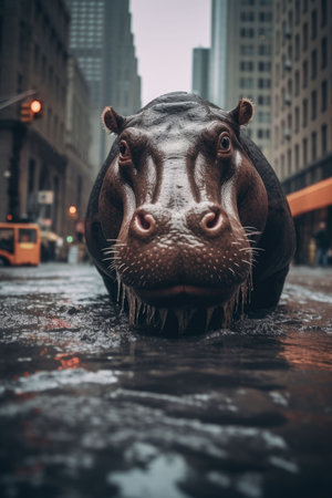 An AI illustration of A lone hippo lying in the middle of an urban street, surrounded by buildings of an unknown cityの素材