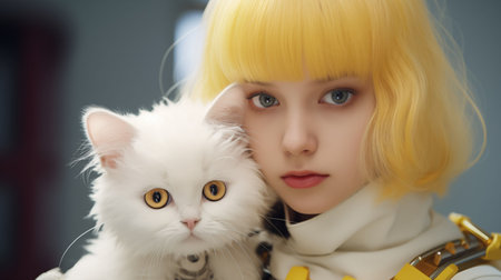 An AI illustration of A young woman wearing a brightly colored costume and cradling a small white and gray cat in her armsの素材