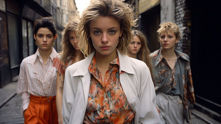 An AI illustration of A diverse group of people standing in a circle with a smiling female in the center, all facing the cameraの素材