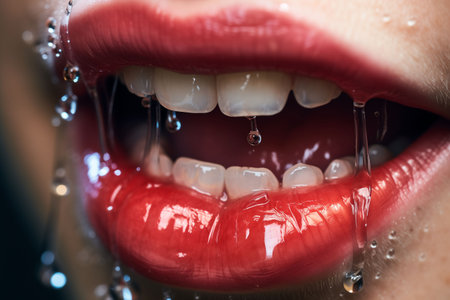 An AI illustration of A female figure is encased in a layer of ice, with her teeth showing through the frozen surfaceの素材