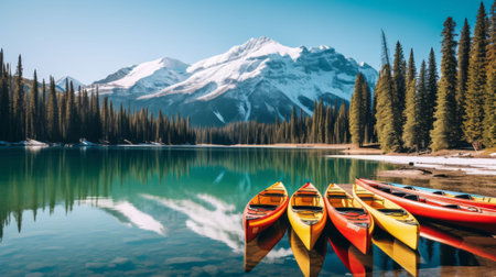 An AI generated illustration of canoes moored at the shore of a lake in mountainsの素材