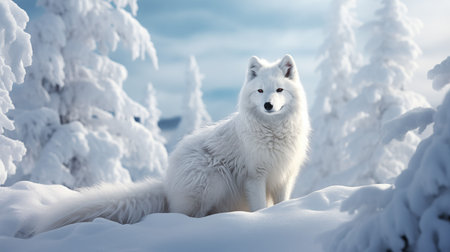 An AI illustration of a majestic white wolf stands among an idyllic winter landscape.の素材