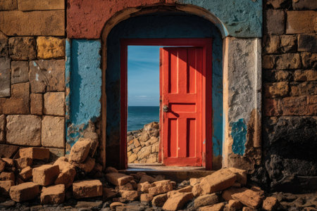 An AI illustration of A vibrant red door stands open, framed by a rustic stone wall situated next to a tranquil body of waterの素材