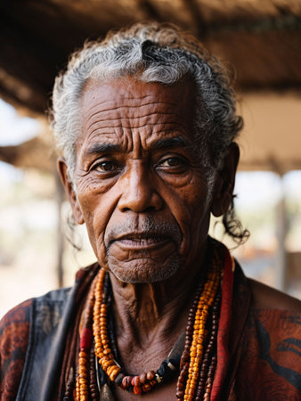 An AI illustration of a senior Aboriginal male with rugged featuresの素材