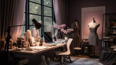 An AI illustration of a wooden desk in a modern office space with a lamp and other decorative items.の素材