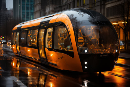 An AI illustration of An urban cityscape at night featuring a yellow bus parked on the train tracks in the foregroundの素材