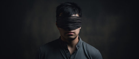 A portrait of a blindfolded man against a grey background, AI-generated.の素材