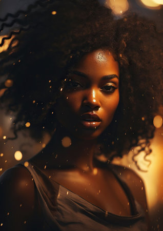 An AI illustration of An AI generated illustration of African American female with long voluminous curly hair wearing a sheer, silver-colored dressの素材