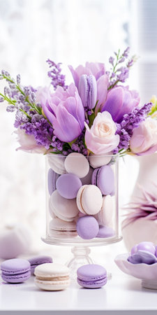 An AI illustration of A set of three glass vases each containing a different arrangement of flowers and macarons, placed on a wooden tableの素材